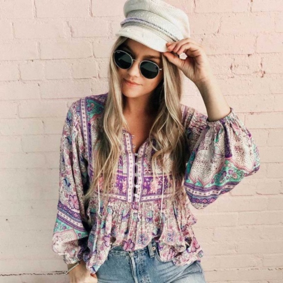 Tops - Boho gypsy button purple tie Balloon Sleeve Blouse